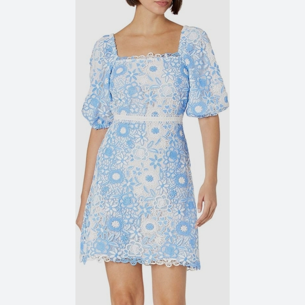 Shoshanna Airana White And Blue Lace Puff Sleeve Mini Dress Size 0